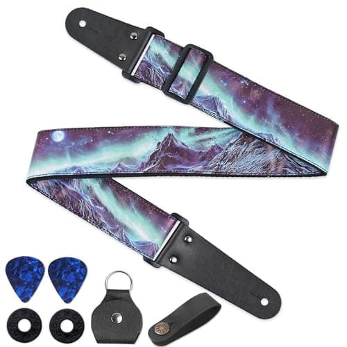 QIELIZI Adjustable Guitar Strap with 2 Locks, 2 Picks, Pick Holder & Leather Button — 1-northern Lights2