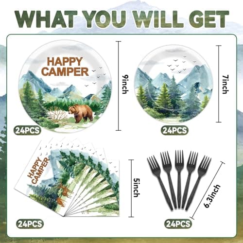 Happy Camper Camping Adventure Themed Party Tableware Set Serve 24