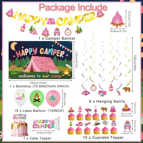 Roetyce Camping Party Decorations: Pink Happy Camper Banner Balloons Kit