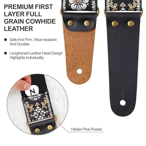 Vintage Embroidered Cotton Guitar Strap for Bass, Electric & Acoustic Guitar with Leather Ends and Accessories