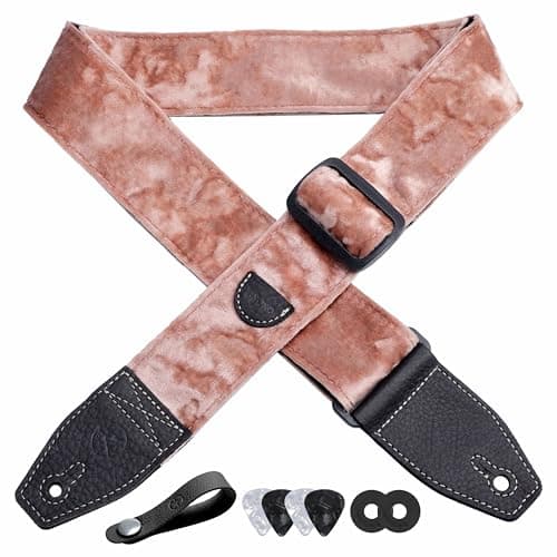 2 Inch Velvet Guitar Strap with Full Grain Leather Ends - Bass, Electric & Acoustic Compatible — Pink