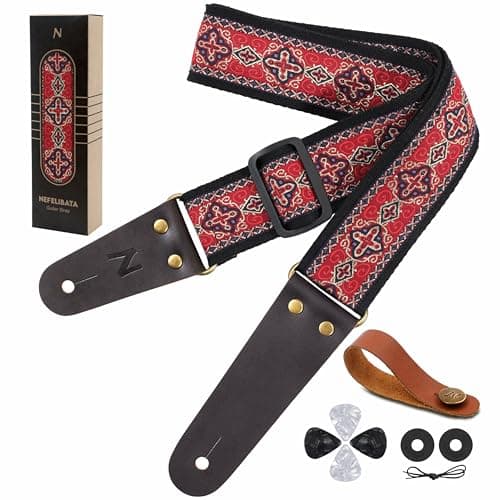 Vintage Embroidered Nefelibata Guitar Strap with Cowhide Ends, 1 Pair Locks & Picks — Red Cross
