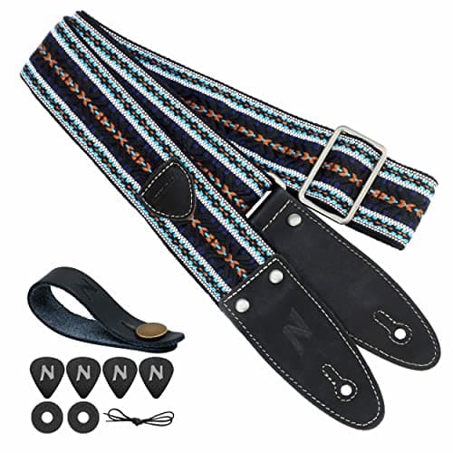 Nefelibata Guitar Strap, Full Grain Leather with Pick Pocket for Bass, Electric & Acoustic Guitar - Haze Blue — Vintage Blue Check