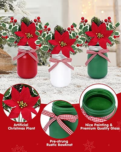 Christmas Mason Jar Centerpiece Set with Faux Poinsettia and Holiday Decor