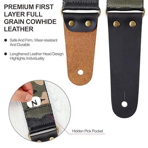 Nefelibata Camo Guitar Strap with Leather Ends for Acoustic, Electric & Bass Guitars + Free Lock