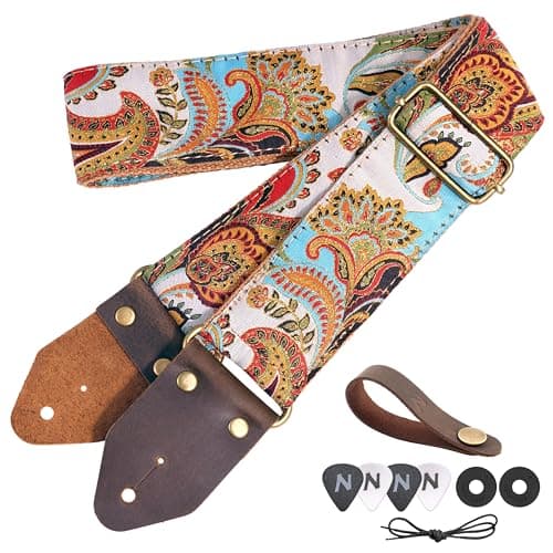 Red Gold Embroidery Nefelibata Jacquard Guitar Strap for Bass, Electric & Acoustic — H#-golden Silk Blue Flowers