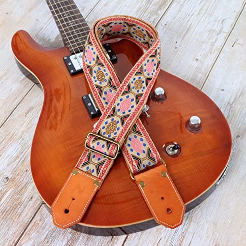 Nefelibata Cool Woven Guitar Strap - Cotton Strap with Leather Ends for Guitarists