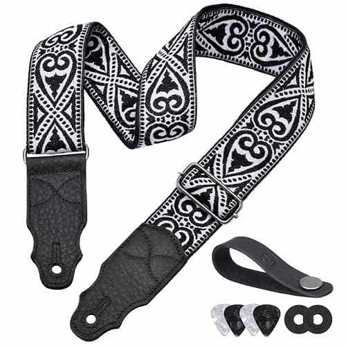 Head Layer Cowhide Leather Guitar Strap, 2" Wide, 2 Locks, 4 Picks Included — Black Heart