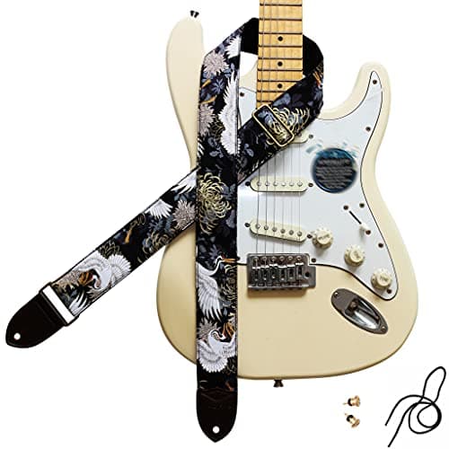 MUSIC FIRST Vintage Style Hand-Made Crochet Flowers Electric Guitar & Bass Strap, 2 Inch Width — Chrysanthemum & Crane in Black