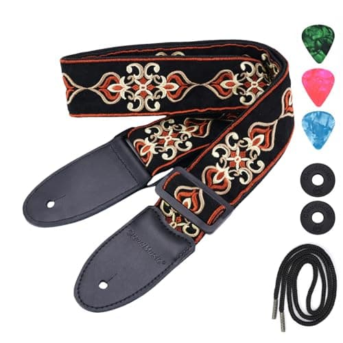 Vintage Classical Pattern CloudMusic Guitar Strap with Leather Ends — Embroider Vintage Pattern