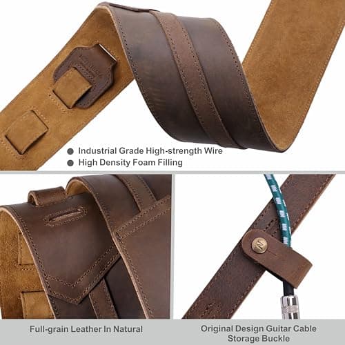 Nefelibata 3 Guitar Strap, Full Grain Leather, 57 Long with Foam Padding for Bass, Electric and Acoustic Guitars