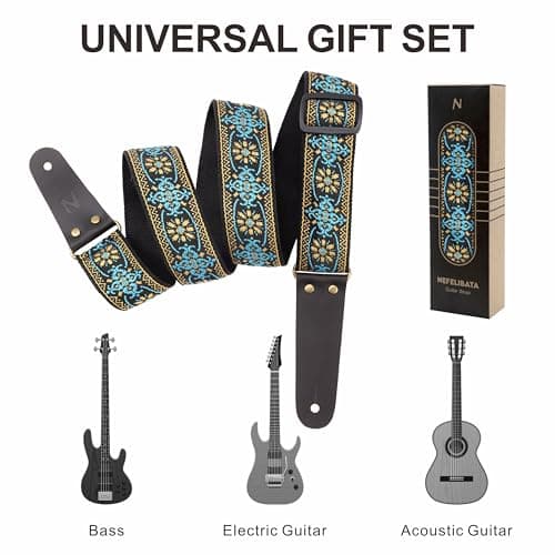 Nefelibata Embroidered Cotton Guitar Strap with Leather Ends, 1 Pair Locks & Picks