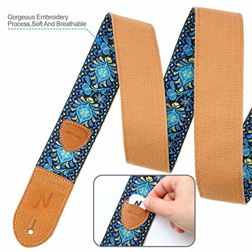 Nefelibata Vintage Woven Guitar Strap with Bonus Picks & Locks,Vintage Blue Yellow Embroidery