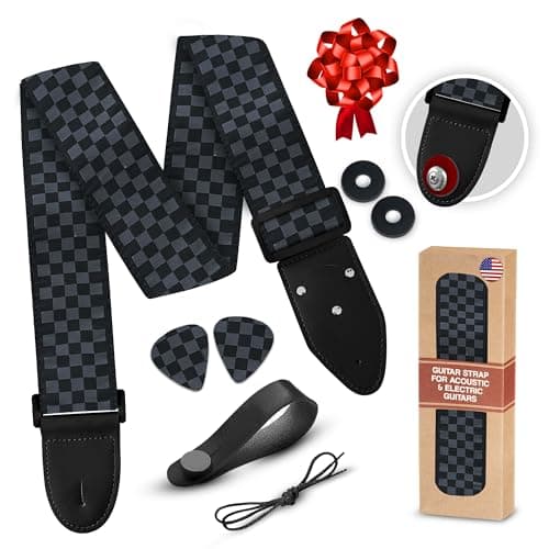 Vintage Woven Embroidered Guitar Strap - White,Adjustable for Acoustic, Electric & Bass Guitars Includes Picks — A Black Checkers