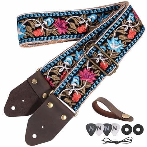 Nefelibata Guitar Strap with Crazy Horse Leather Ends for Bass, Electric & Acoustic — F#-elegant Blue Flower Embroidery
