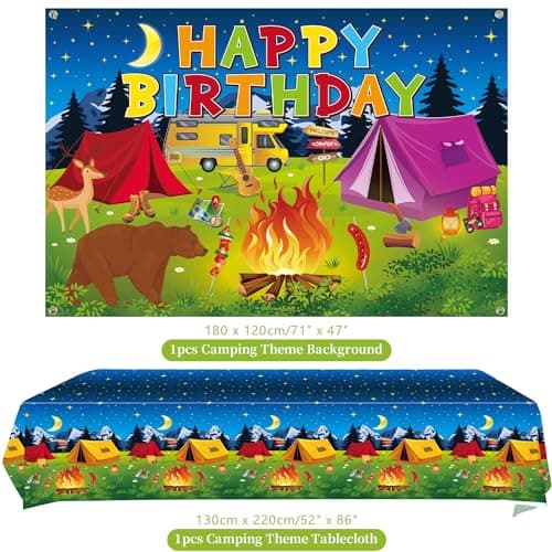 Camping Birthday Party Decor - Tableware, Plates, Cups, Napkins, Tablecloth, Backdrop, Balloons, Cake Toppers (backdrop)