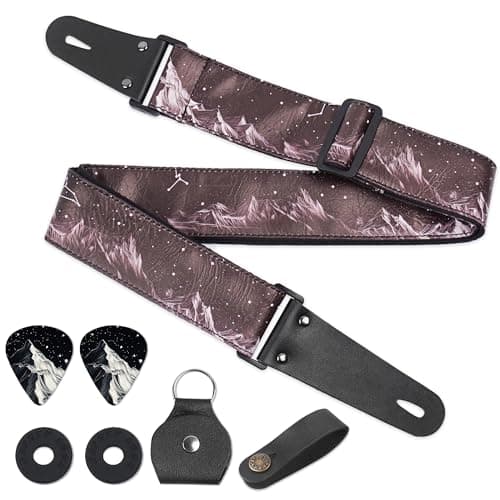 QIELIZI Adjustable Guitar Strap with 2 Locks, 2 Picks, Pick Holder & Leather Button — 1-hill Grey