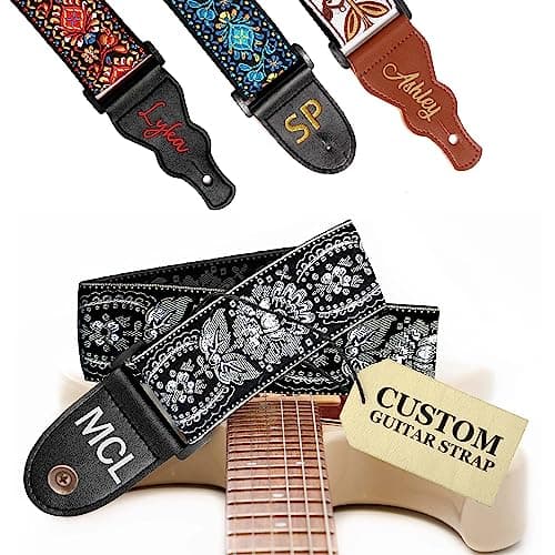 Black Silver Classic Woven Guitar Strap with Pick + Lock + Button - Add Your Text