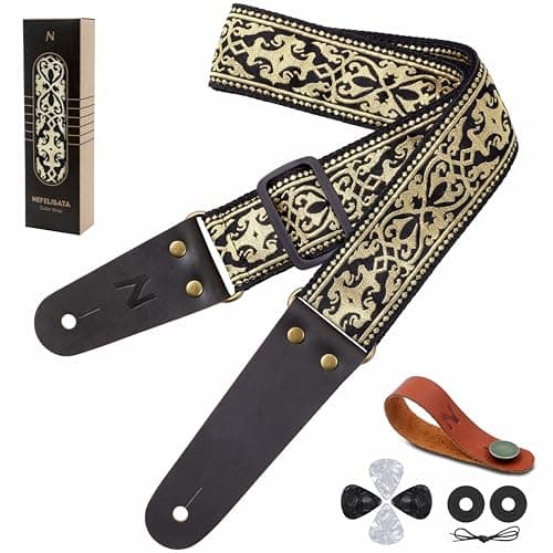 Guitar Strap with Flower Embroidery for Bass, Electric & Acoustic Guitars — Gold Pattern