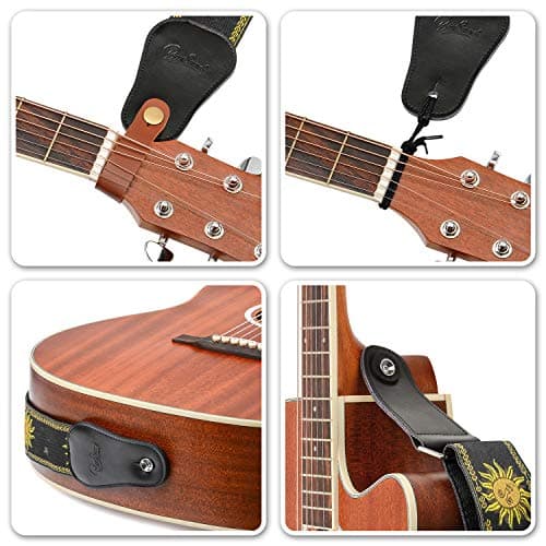 Sun Straps Vintage Embroidered Guitar Strap, Genuine Leather Ends Black