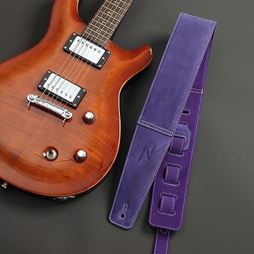3 Guitar Strap in First Layer Leather with Foam Padding and Cable Storage Loops for Bass, Electric and Acoustic Guitars