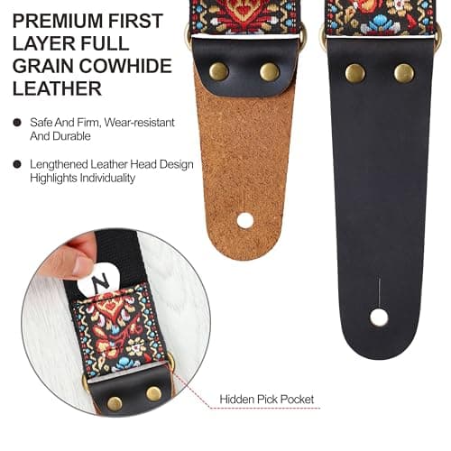 Nefelibata Embroidered Cotton Guitar Strap with Cowhide Ends (Saffron)