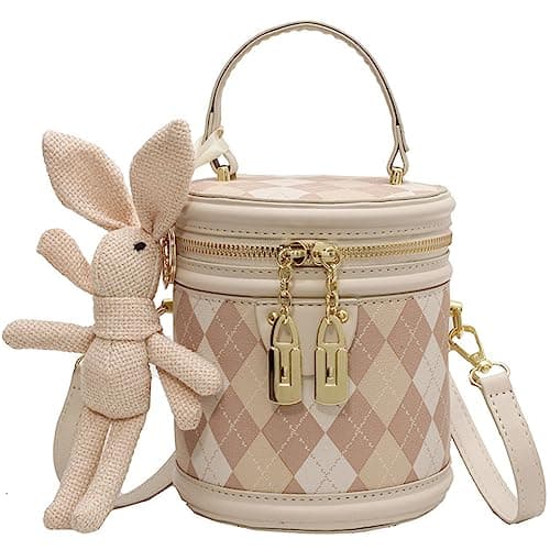 RTGGSEL Quilted Lattice Shoulder Bag for Women with Bunny Pendant — Bucket Diamond Beige