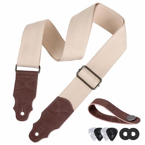 Head Layer Cowhide Leather Guitar Strap, 2-Inch Wide, 2 Locks, 4 Picks — White