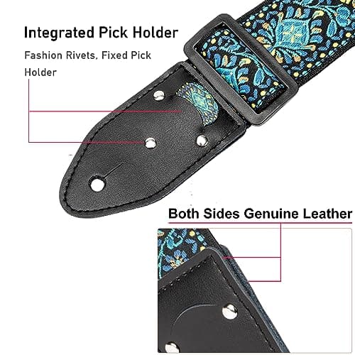 Genuine Leather Electric/Acoustic Guitar Bass Strap, Blue, with Pick Holder & Locks