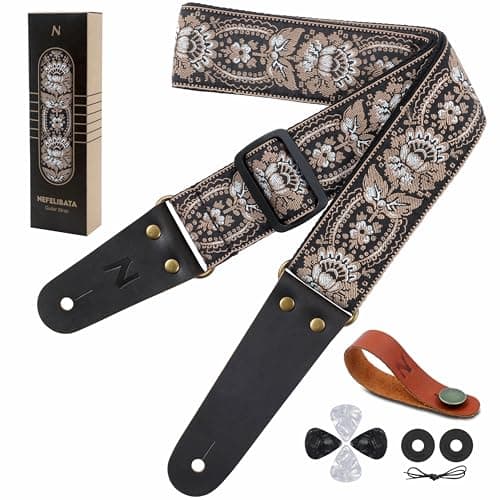 Nefelibata Embroidered Cotton Guitar Strap with Cowhide Ends (Saffron) — V#-gold Orleans
