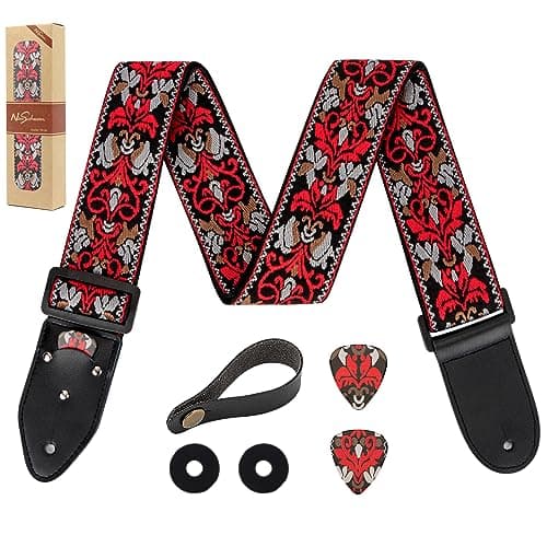 Genuine Leather Electric/Acoustic Guitar Bass Strap, Blue, with Pick Holder & Locks — Vintage Red Jacquard