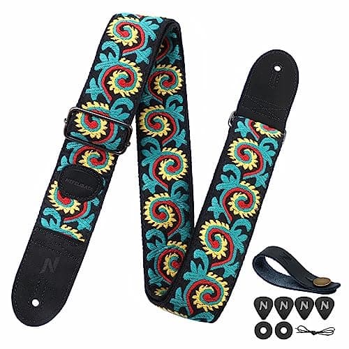 Thicker Woven Guitar Strap with Pick Pocket for Bass, Electric and Acoustic Guitars — Green Flower Vine