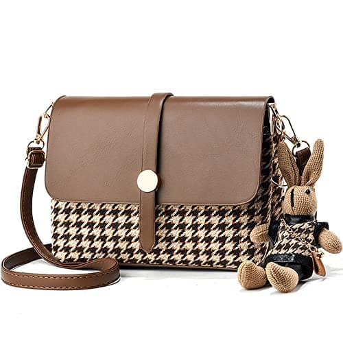 RTGGSEL Quilted Lattice Shoulder Bag for Women with Bunny Pendant — Houndstooth Brown