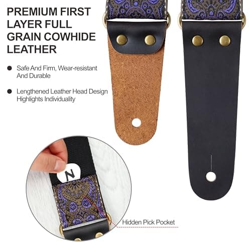 Vintage Embroidered Nefelibata Guitar Strap with Cowhide Ends, 1 Pair Locks & Picks