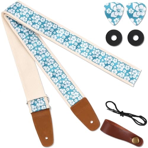 Full Grain Leather End Adjustable Guitar & Bass Strap, Cotton with 2 Locks & Picks