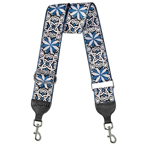 Soft Cotton & Leather Ends Jacquard Embroidered 2" Wide Crossbody Bag Purse Straps — Jacquard Blue White