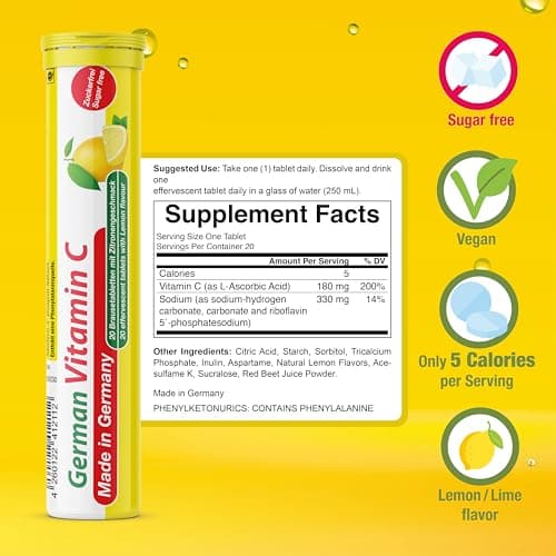 German Made Vitamin C 180 mg - 40 Lemon Lime Effervescent Tablets - Vegan