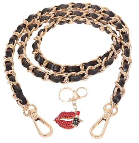 UTreers Crossbody Bag with 47.2" Chain Strap — A Gold Chain Black Leather 47.2"+lip