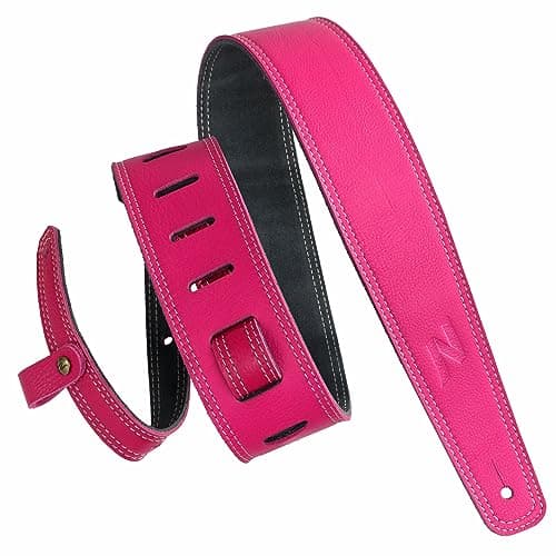 Nefelibata Vintage Green Guitar Strap, 2.5" Wide Tumbled Leather with Padding and Cable Loop — Rose Red
