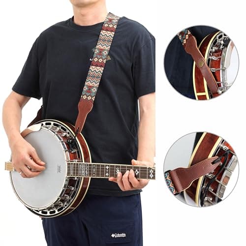 Nefelibata Banjo Strap, Double Full Grain Cowhide Guitar Strap, Adjustable Replacement, Multi-pattern Guitar Strap With Headstock Rope(Boho Brown)