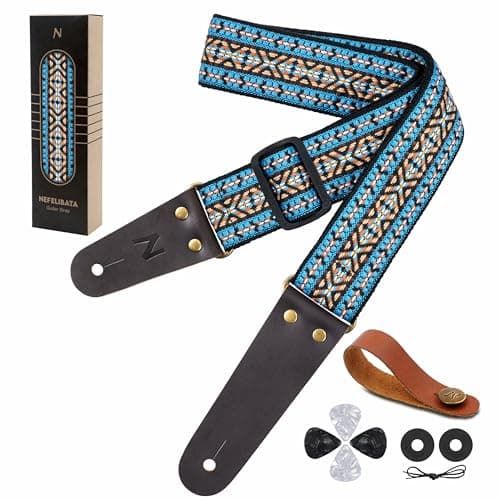 Nefelibata Embroidered Cotton Guitar Strap with Cowhide Ends (Saffron) — Blue Arrow