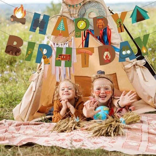 Happy Birthday Camping Banner for Party Decorations