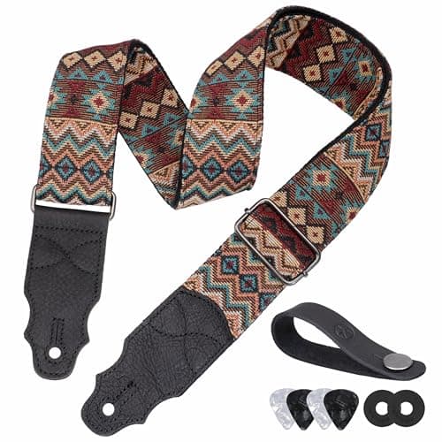 Head Layer Cowhide Leather Guitar Strap, 2" Wide, 2 Locks, 4 Picks Included — Dark Boho