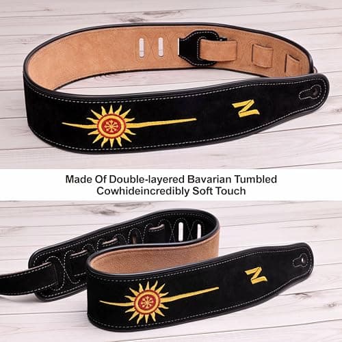 Nefelibata Golden Sun Double Layer Cowhide Guitar Strap, Foam Padded, 2.7" Wide
