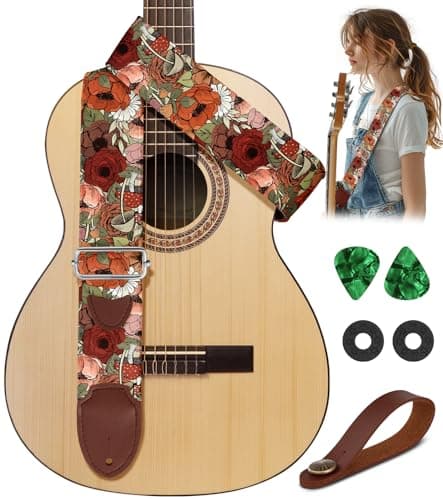 Cool Long Adjustable Acoustic Guitar Strap for Ukulele, Bass, & Classical Electric Guitars — Mushroom Flower