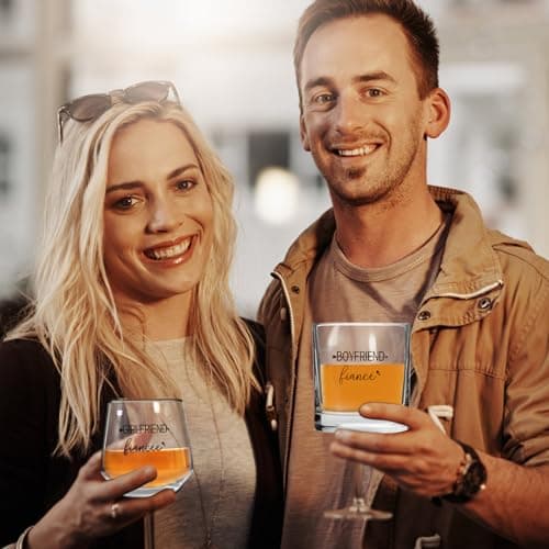 Engagement Gifts for Couples - Wine and Whiskey Glass Set, Socks, Candle, Greeting Card