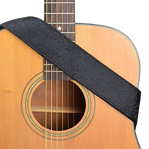 Vintage Classical Pattern CloudMusic Guitar Strap with Leather Ends — Leaves in Black