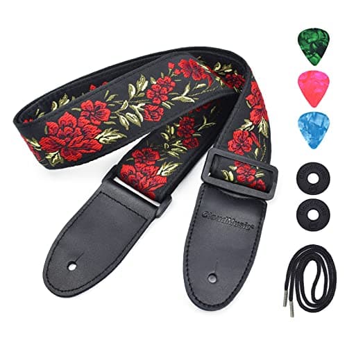 CloudMSUSIC Red Rose Jacquard Embroidered 2" Wide Guitar Strap for All Ages