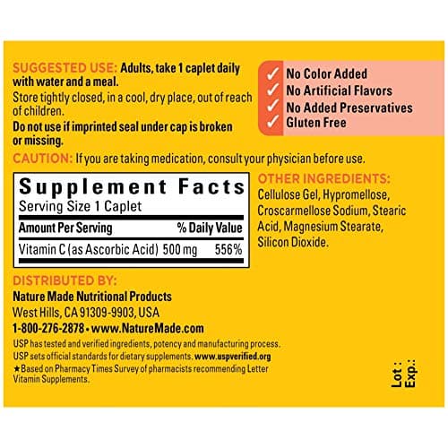 Vitamin C 500 mg Caplets for Immune Support, 100 Count