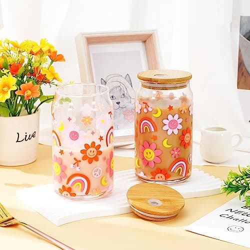 Boho 16oz Glasses with Bamboo Lids and Straws for Coffee and Cocktails, 2Pcs